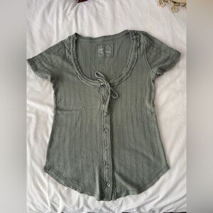 aerie Olive Green Ribbed Button-Front Short Sleeve Top
